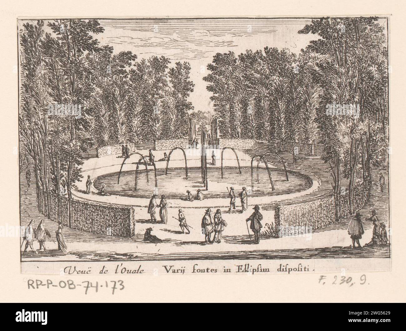 Blick auf den ovalförmigen Brunnen, Israel Silvestre, 1631 - 1691 Druckpapier, das Gartenbrunnen graviert. Französischer oder architektonischer Garten; formeller Garten Paris Stockfoto