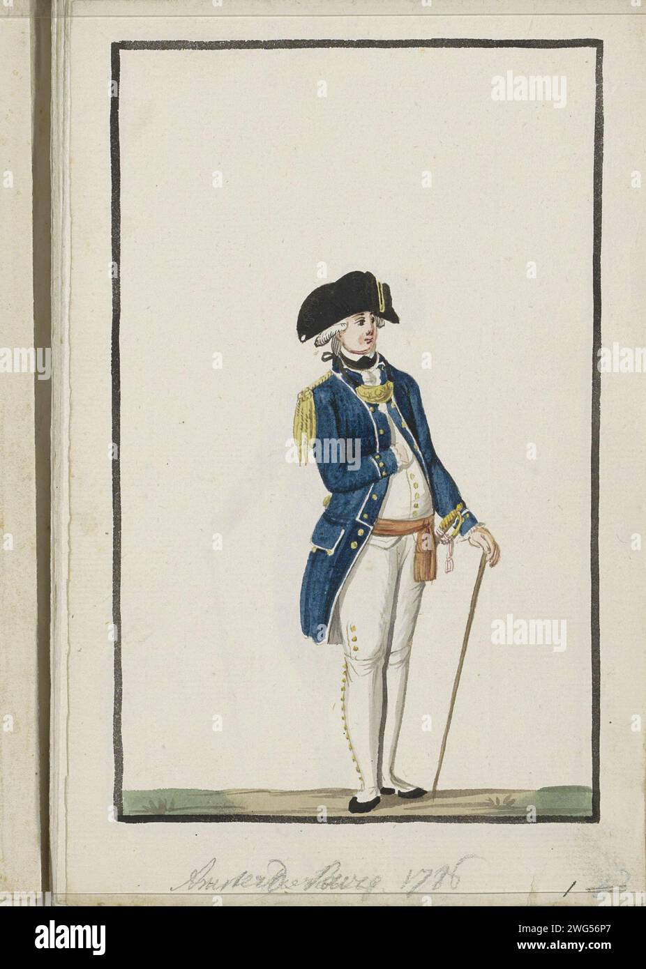 Montage der schutterij van Amsterdam, 1786, Anonym, 1789 Zeichnung Montage oder Uniform der schutterij van Amsterdam, 1786. Teil eines Skizzenbuches mit 41 farbigen Zeichnungen der Muster der bewaffneten Milizen und Bürgerkorps in den Niederlanden in der Zeit um ca. 1783-1789. Nordniederländische Papier (Militär) Uniformen (+ Bürgersoldat, Zivilwache, Bürgermiliz) Amsterdam Stockfoto