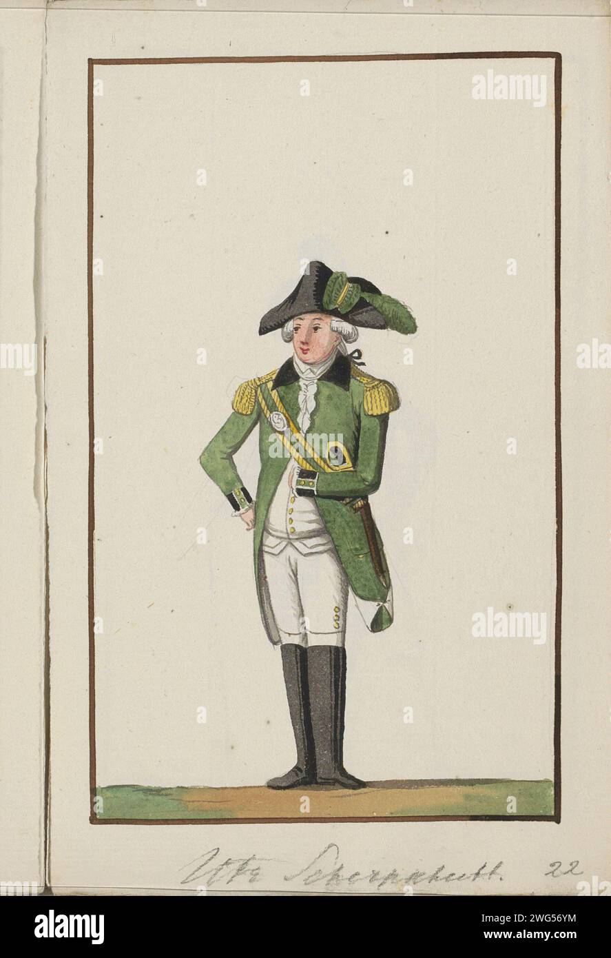 Montage der Utrechter Scharfschützen, ca. 1785, Anonym, 1789 Zeichnung Montage oder Uniform der Utrecht-Scharfschützen, ca. 1785. Teil eines Skizzenbuches mit 41 farbigen Zeichnungen der Muster der bewaffneten Milizen und Bürgerkorps in den Niederlanden in der Zeit um ca. 1783-1789. Nordniederländische Papier (Militär) Uniformen (+ Bürgersoldat, Zivilwache, Bürgermiliz) Utrecht Stockfoto