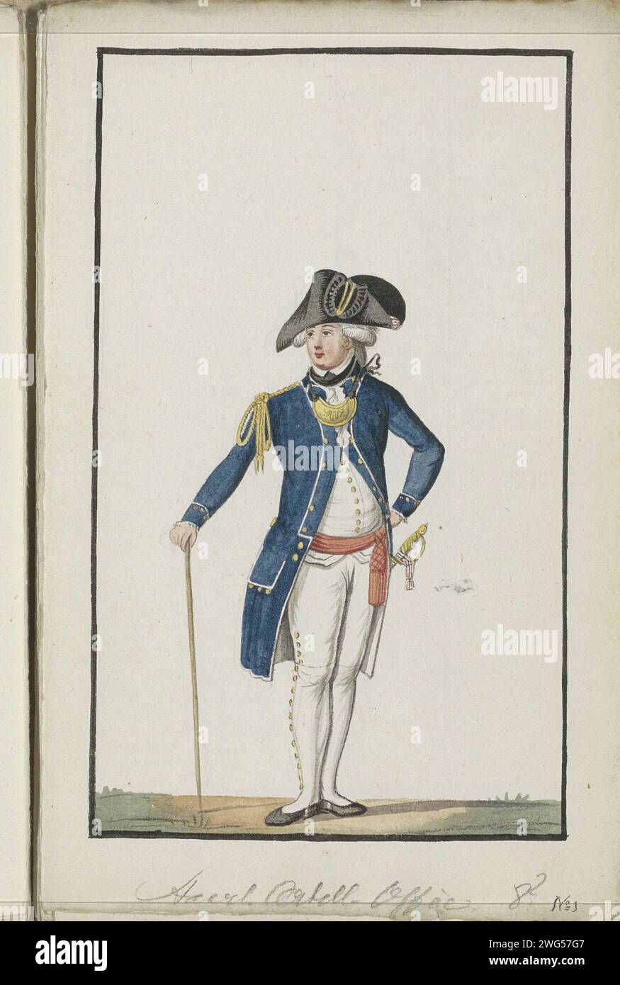 Montage der Artillerie Haarlem, ca. 1785, Anonym, 1789 Zeichnung Montage oder Uniform eines Offiziers der Artillerie Haarlem, CA. 1785. Teil eines Skizzenbuches mit 41 farbigen Zeichnungen der Muster der bewaffneten Milizen und Bürgerkorps in den Niederlanden in der Zeit um ca. 1783-1789. Nordniederländische Papier (Militär) Uniformen (+ Bürgersoldat, Zivilwache, Bürgermiliz) Haarlem Stockfoto