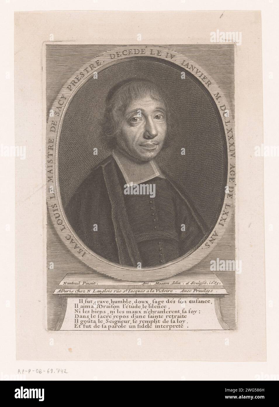 Portret van Louis-Isaac Lemaistre de Sacy, Antoine Masson, nach Robert Nanteuil, 1685 Druckgraphiker: Francepublisher: ParisFrance Papierstich historische Personen Stockfoto