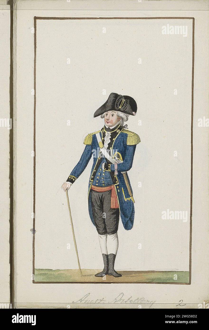 Montage der Artillerie von Amsterdam, 1786, Anonym, 1789 Zeichnung Mount oder Uniform der Artillerie von Amsterdam, ca. 1785. Teil eines Skizzenbuches mit 41 farbigen Zeichnungen der Muster der bewaffneten Milizen und Bürgerkorps in den Niederlanden in der Zeit um ca. 1783-1789. Nordniederländische Papier (Militär) Uniformen (+ Bürgersoldat, Zivilwache, Bürgermiliz) Amsterdam Stockfoto