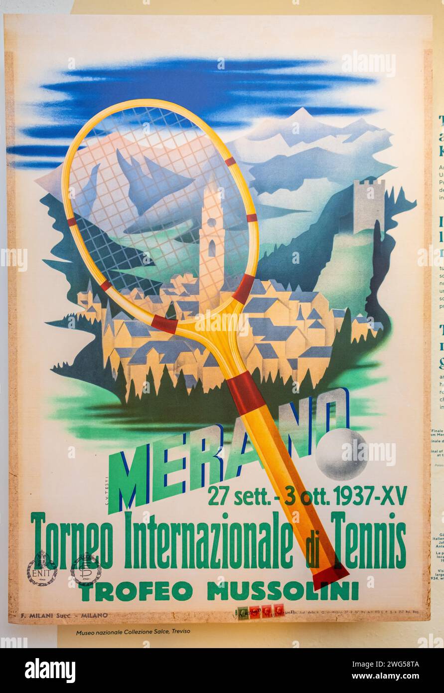 Touristische Werbeplakate aus den frühen 1940er Jahren der Stadt Meran, Südtirol, Trentino Südtirol, Nord-Itay, Europa Stockfoto