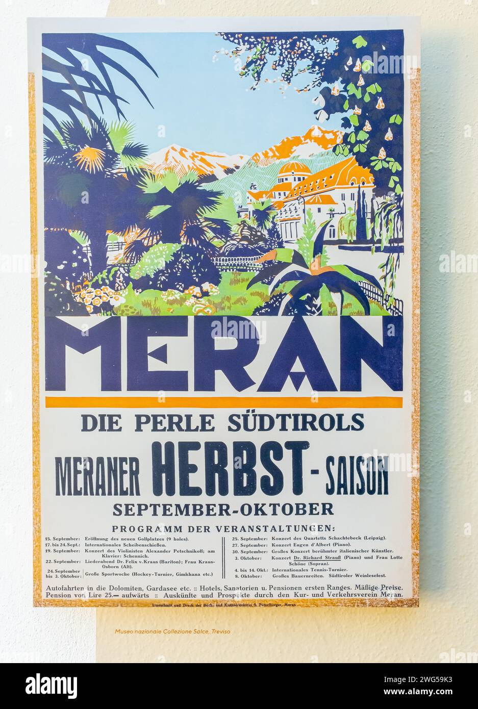 Touristische Werbeplakate aus den frühen 1940er Jahren der Stadt Meran, Südtirol, Trentino Südtirol, Nord-Itay, Europa Stockfoto