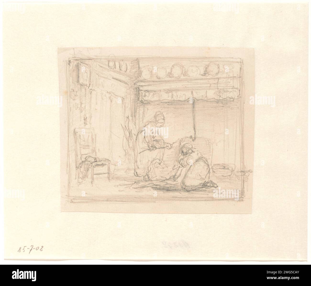 Kücheneinrichtung mit Frauen, Hendrik Valkenburg, 1836 - 1896 Zeichnung Kücheneinrichtung mit Frauen, die Feuer produzieren. Verso: Innenskizze. Papier. Bleistift im Inneren des Hauses. Mutter und Kind(er), Frau und Kind(er) (Familiengruppe) Stockfoto