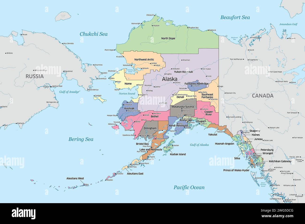 Politische Karte mit den Countys, die den US-Bundesstaat Alaska bilden Stockfoto