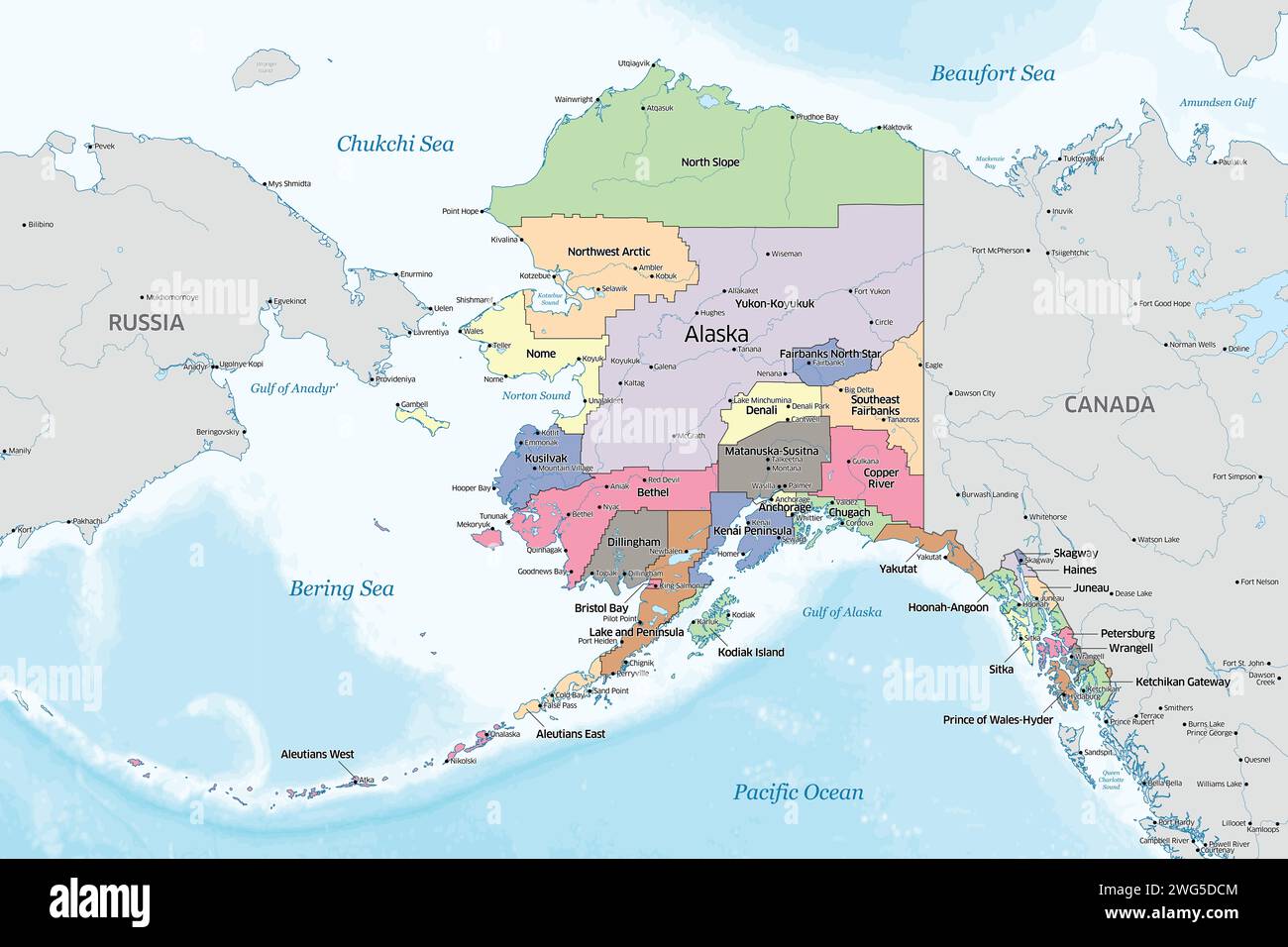 Politische Karte mit den Countys, die den US-Bundesstaat Alaska bilden Stockfoto