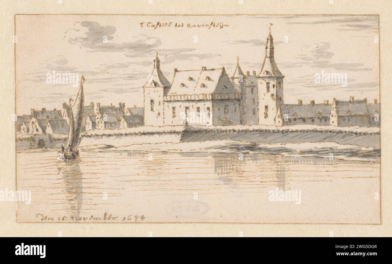 Ansicht der Burg Ravenstein, Noord-Brabant, Barend Klotz (zugeschrieben), 1674 Zeichnung Oss Papier. Tintenstift / Pinselschloss. Aussicht auf die Stadt, Stadtpanorama, Silhouette der Stadt Ravenstein Stockfoto