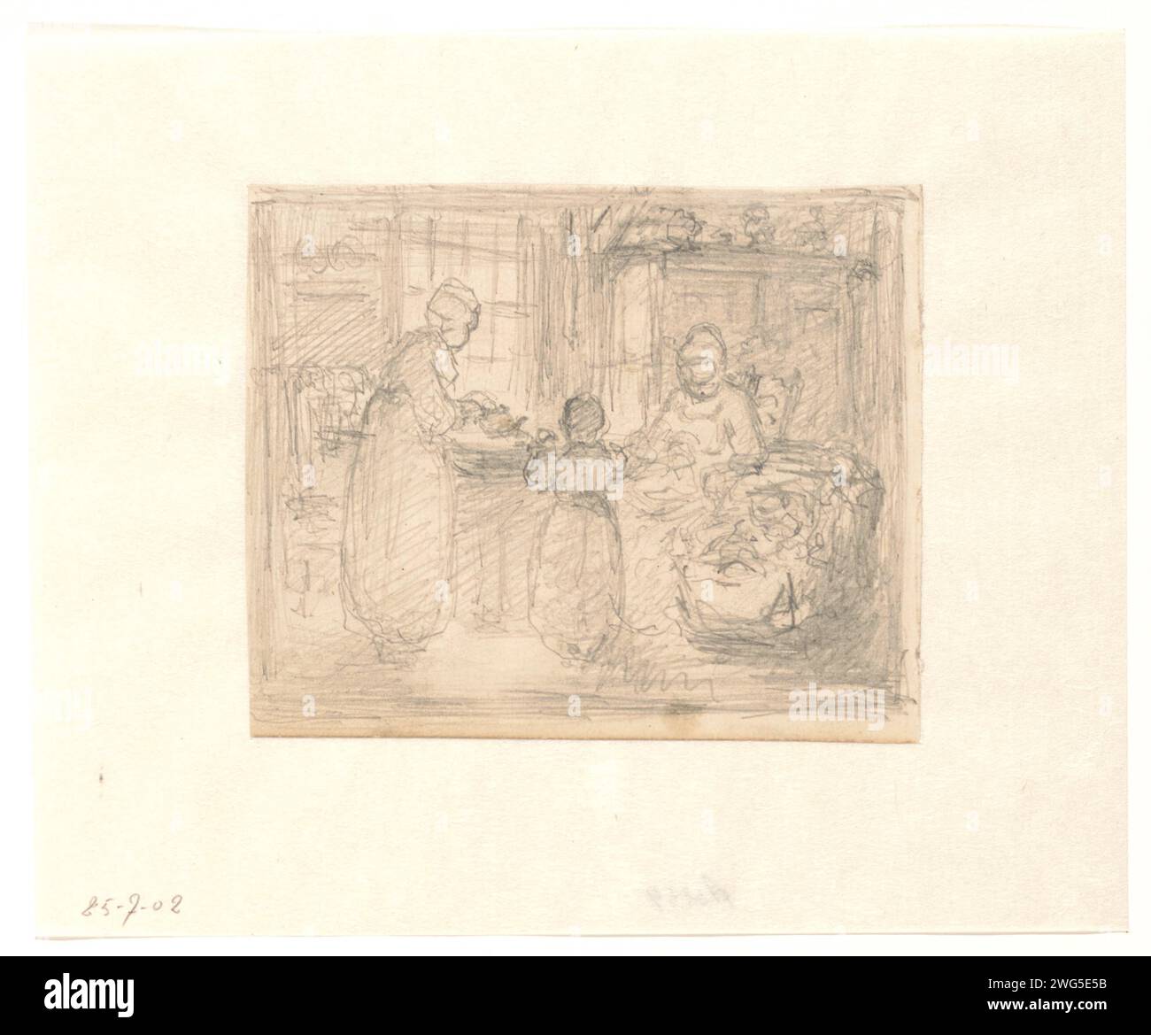 Innenraum mit Frauen und Wiege, Hendrik Valkenburg, 1836 - 1896 Zeichenpapier. Bleistift im Inneren des Hauses. Mutter und Kind(er), Frau und Kind(er) (Familiengruppe) Stockfoto