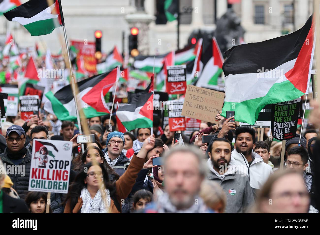 Während eines von der Palästinensischen Solidaritätskampagne organisierten pro-palästinensischen marsches im Zentrum Londons rief man zu einem Waffenstillstand im Konflikt zwischen Israel und Hamas auf. Bilddatum: Samstag, 3. Februar 2024. Stockfoto