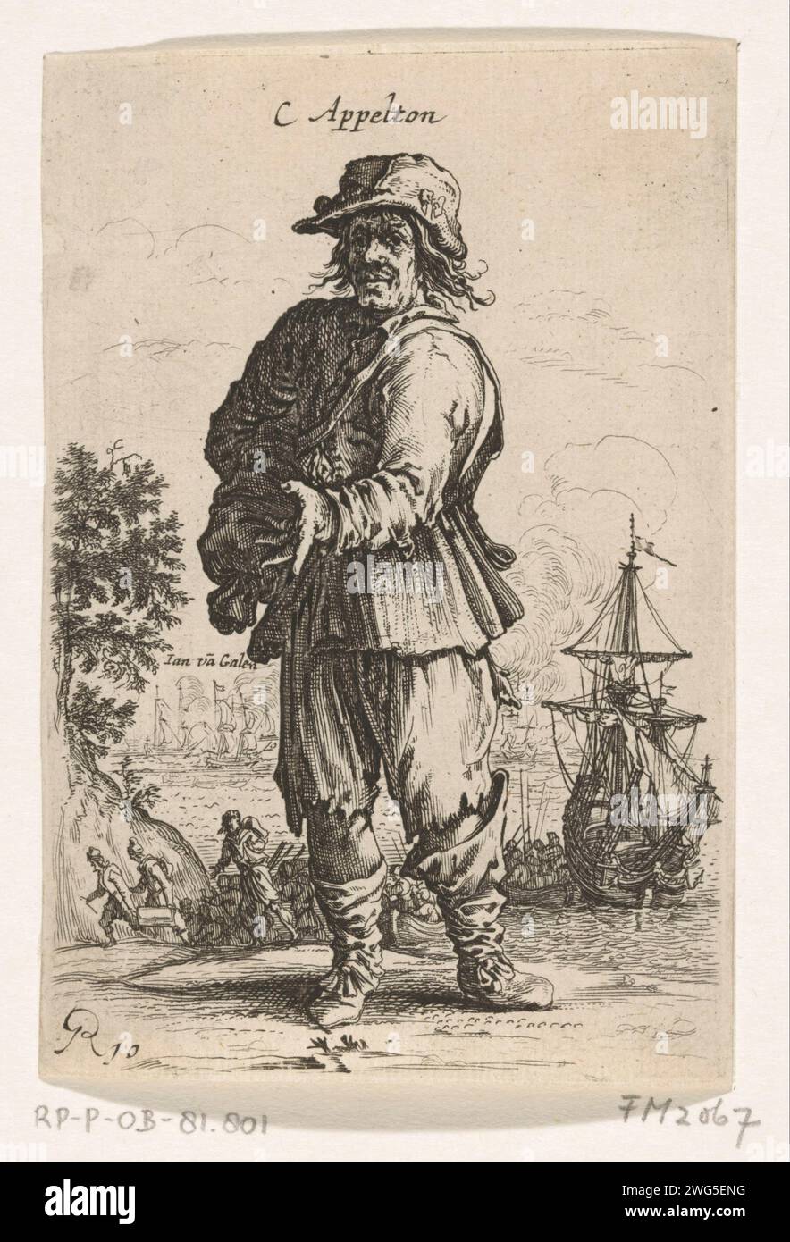 Cartoon on Admiral Appleton, 1653, 1653 – 1654 Print Cartoon on the English Admiral Henry Appleton, Commander der englischen Flotte, die während der Seeschlacht bei Livorno von einer Staatsflotte unter dem Kommando von Jan van Galen besiegt wurde, 14. März 1653. Der Admiral ist an Land, im Hintergrund die Namen des Namens Jan van Galen. Teil einer Serie von Kopien von Drucken von Bettlern und Bauern, in denen auch verschiedene unglückliche Figuren aus dem ersten englischen Krieg enthalten sind. Nordniederländische Papierätzung / Gravur Schlacht von Leghorn Stockfoto