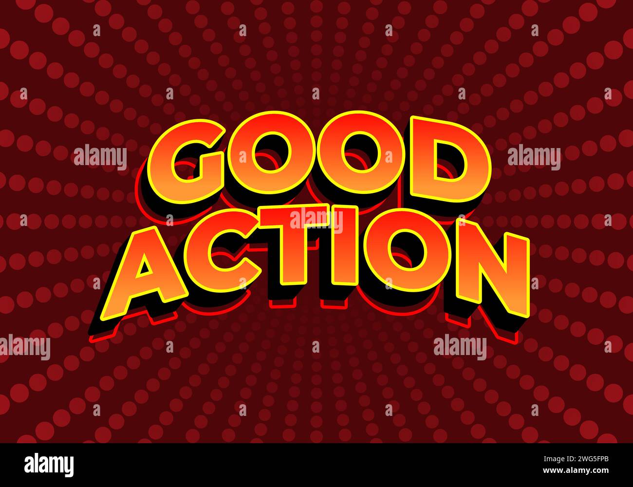 Gute Action. Texteffekt-Design im 3D-Look. Rote gelbe Farbverlaufsfarbe. Dunkelroter Hintergrund Stock Vektor