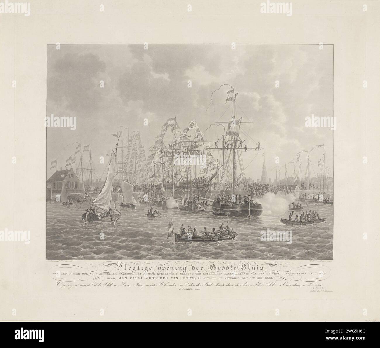 Rechtwinklige Öffnung der Groote Sluis des Ooster-Dok nach Amsterdam, wodurch am 5. Mai 1832 das erste Korvettenschiff, das für die verspätetste Erinnerung an die getöteten Jugendlichen gebaut wurde, Jan Carel Josephus van Speyk, durchgeführt wurde. 1832 Druckeröffnung des Oosterdoksluizen von Korvet van Speijk, verziert mit Fahnen, am 5. Mai 1832. Im Hintergrund die Montelbaanstoren. Auf dem Wasser, noch mehr kleinere Boote, ein Kanonenboot feuert einen Ehrenschuss ab. Siehe auch Hängegerät. Druckerei: Netherlandsnach Zeichnung von: Netherlandsprinter: AmsterdamVerleger: AmsterdamAmsterdam Papier Stockfoto