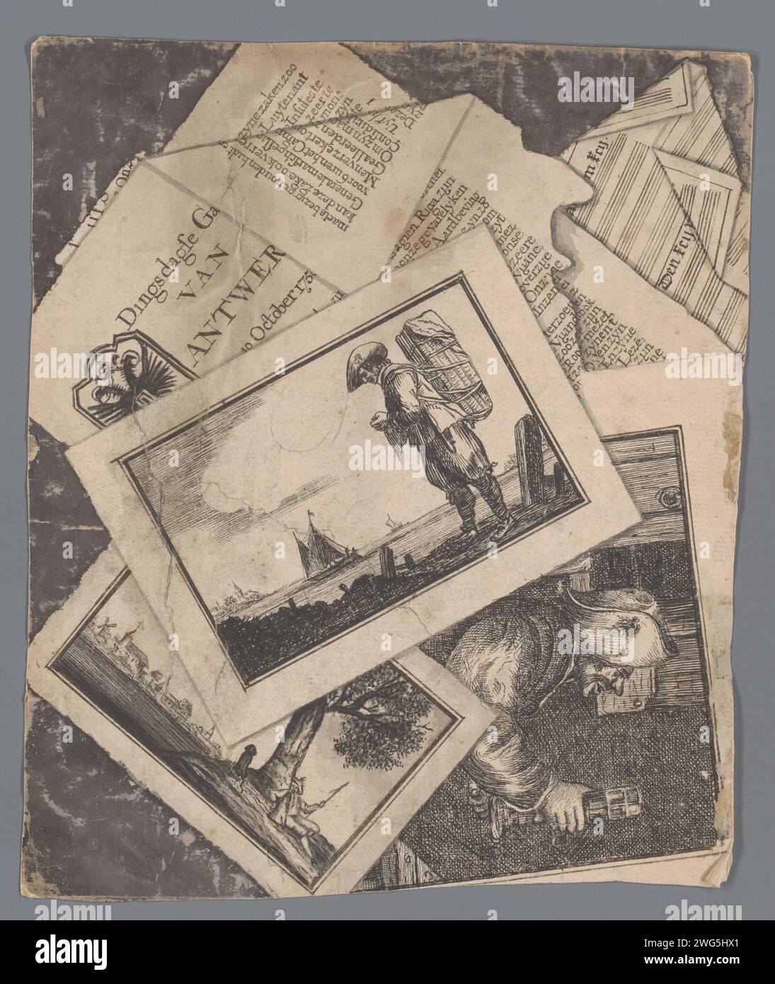 Täuscher mit Druckgrafiken, Zeitung und Zeitschrift mit Musik, anonym, um 1750 - um 1759 Zeichnung Täuscher oder Trompe l'Ouil mit teilweise übereinander, einer 'Dingsdagse Gazet van Antwerpen' und Zeitschriften mit leeren Nussbalken. Papier. Tintenstift/Pinsel „Trompe l'oeil“. Drucken, z. B.: Gravur, Ätzen, Lithografie. Gedruckte Ausgabe der Musicalpartitur Stockfoto