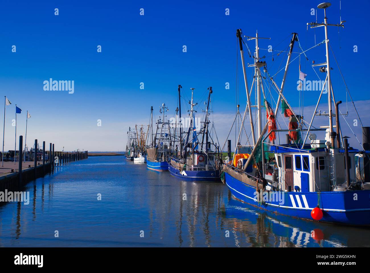 Bunte Krabbenschneider im Hafen von Dorum am sonnigen blauen Himmel Stockfoto