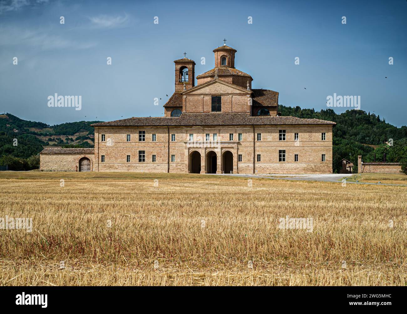Herzogtum Barco, Jagdschloss, Kloster und Kirche des Heiligen Johannes des Täufers und Sommerresidenz für die Herzöge von Urbino. Urbania, Pesaro und Urbino Prov Stockfoto