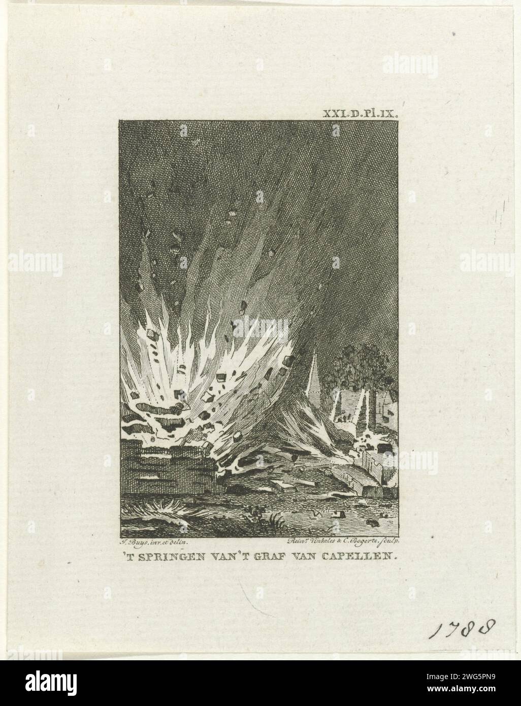 Sprengung des Friedhofs der Familie Van der Capellen, 1788, Reinier Vinkeles (I), nachdem Jacobus 1788–1795 Drucke mit Schießpulver des Familiengrab der Familie Van der Capellen im Gorsselse Veld bei Zutphen gekauft hatte, 7. August 1788. Oben rechts markiert: XXI.D.PL.IX. Nordholland Papiergravur Grabbau, monumentales Grab. Bombenentrüstung Gorssel Stockfoto