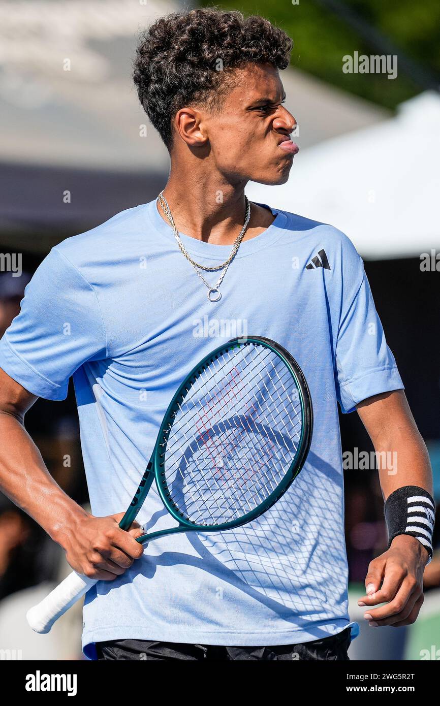 Gabriel Diallo aus Kanada im Halbfinale des Canberra International ATP Challenger 125 Turniers 2024 Stockfoto