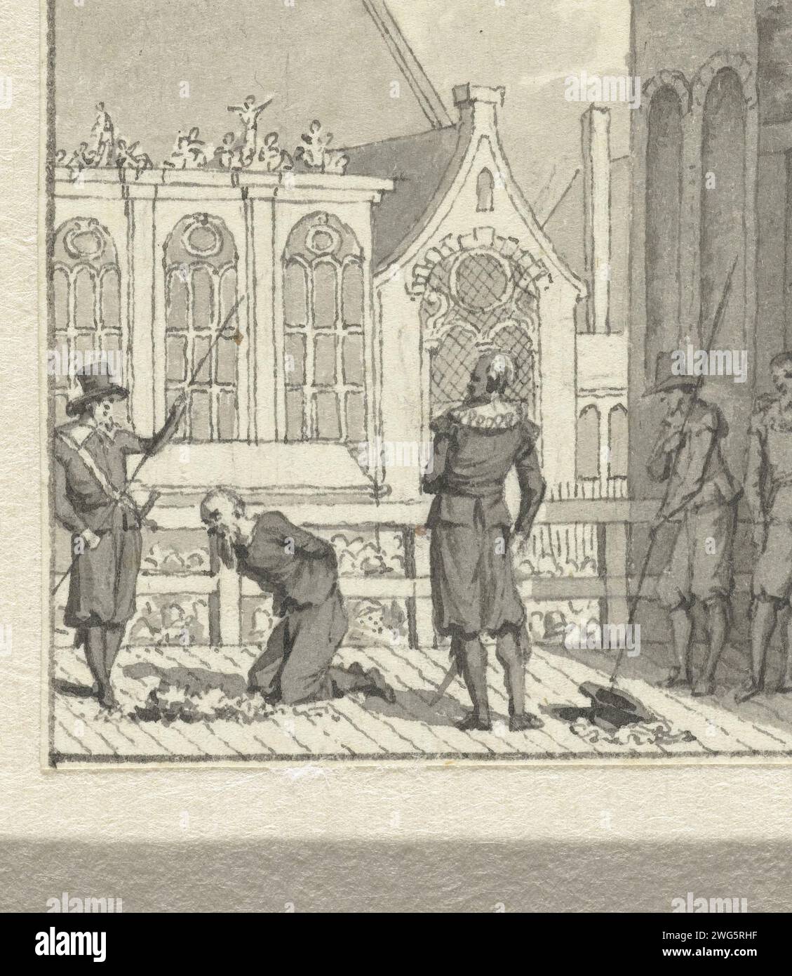 Im Jahr 1619, Anonym, ca. 1789 - ca. 1810 Zeichnung Johan van Oldenbarnevelt, 13. Mai 1619. Niederlande Papier. Tintenstift/Pinsel auf dem Gerüst oder dem Ausführungsort. Gewalttätiger Tod durch Enthauptung der Haag Stockfoto
