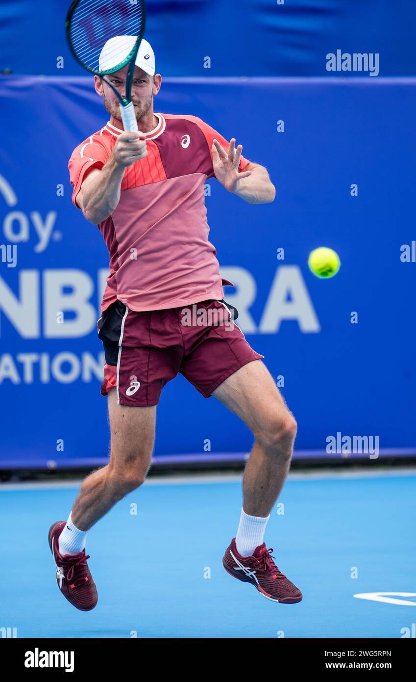 David Goffin aus Belgien im Viertelfinale des Canberra International ATP Challenger 125 Turniers 2024 Stockfoto