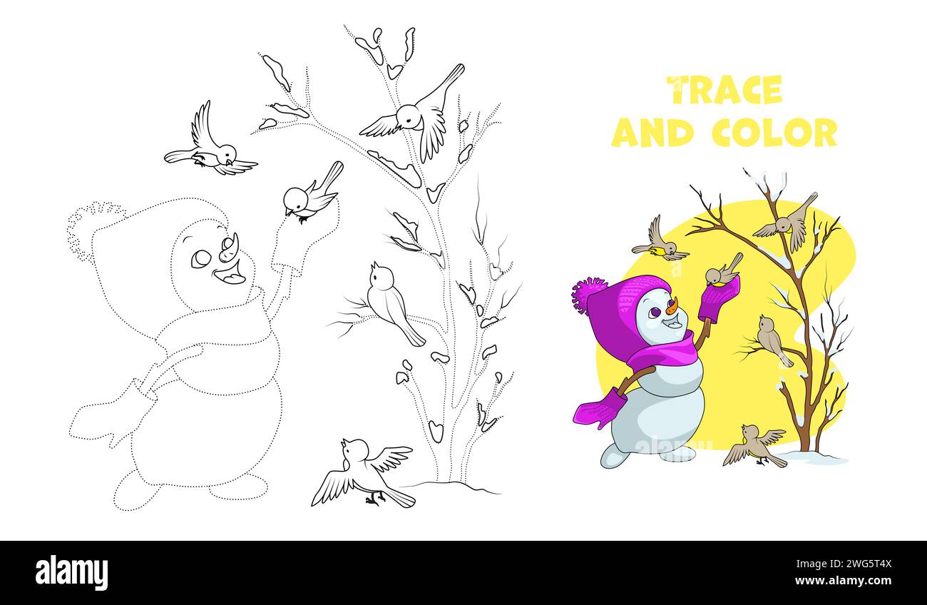Übungsblatt zur Handschrift. Verfolgen und Farben süße handgezeichnete Schneemannmädchen füttern Vögel im Wald im Winter. Ausmalseite. Cartoon-Vektor Stock Vektor
