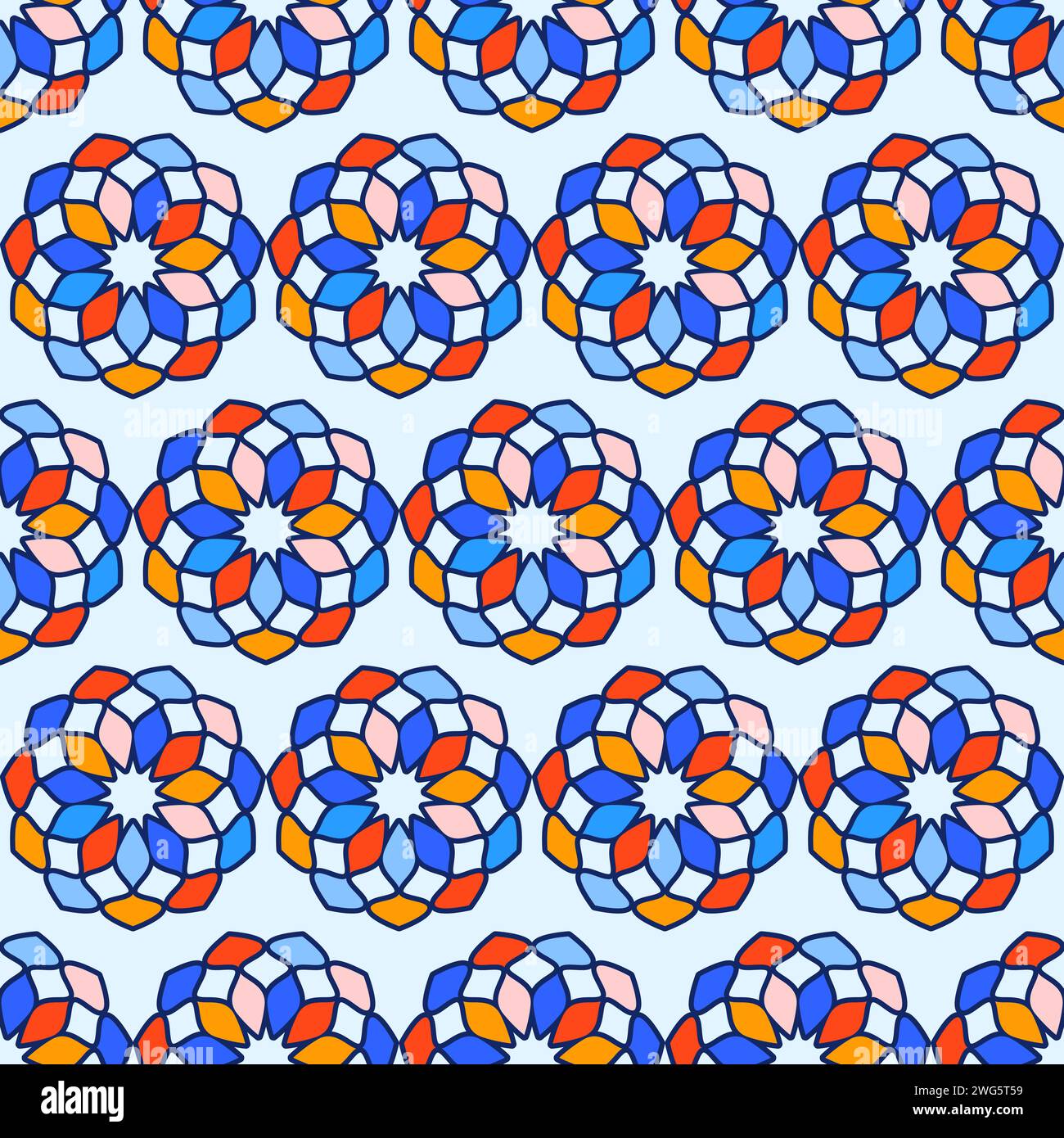 Nahtloses Muster Buntglasfenster Kaleidoskop farbenfrohes Muster. Mosaikvektor-Illustration. Isoliert auf hellblauem Hintergrund. Stock Vektor