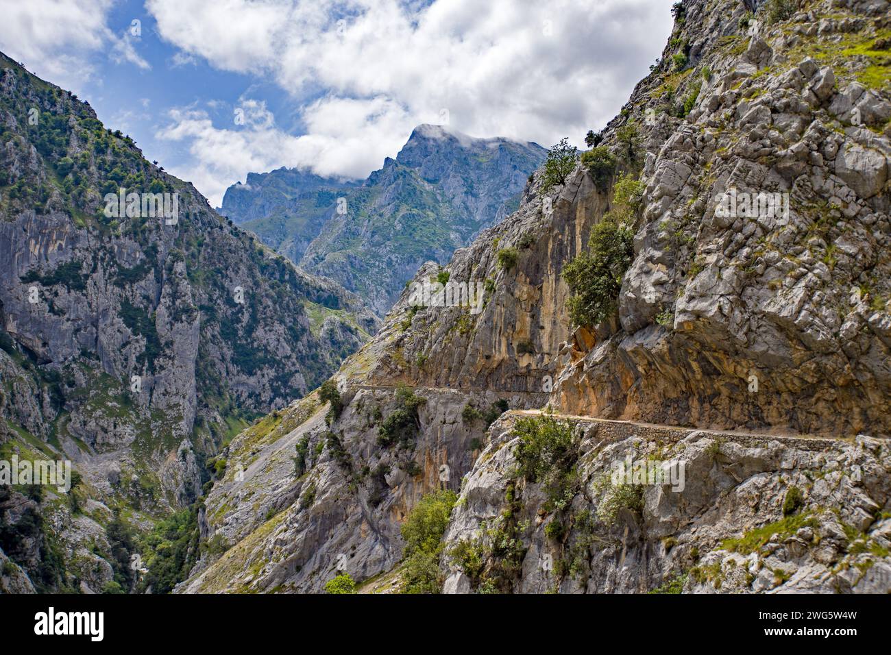 Der schmale Wanderweg schlängelt sich entlang der Felswände in der Ruta del Cares Schlucht mit steilen Hängen Stockfoto