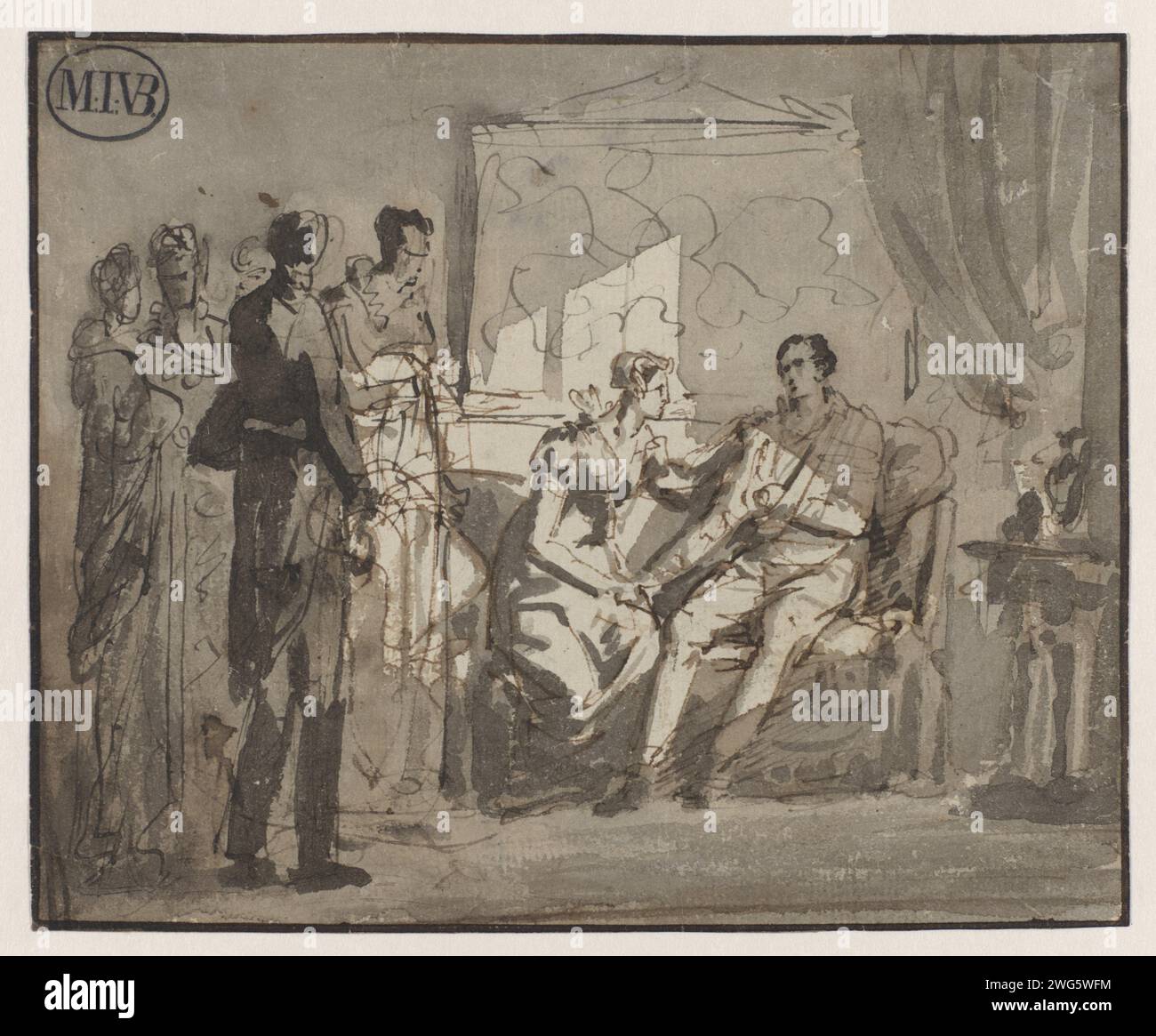 Königin Wilhelmina besucht den verwundeten Prinzen von Orange nach der Schlacht von Waterloo in Brüssel, Mattheus Ignatius van Bree, 1815–1817 Zeichenpapier. Historische Ereignisse und Situationen für Tintenstift/Pinsel. Historische Personen. Kranke besuchen; Kranke zusammen mit anderen Stockfoto