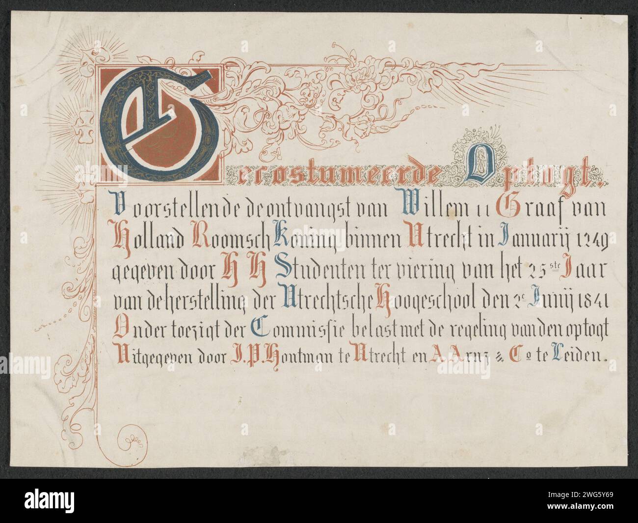 Kostümierte Optogt. Als Vertreter des Empfangs von Wilhelm II. Graf von Holland Romanch Koning in Utrecht im Januar 1249 von Studenten der HH anlässlich des 25. Reparaturjahres der Utrechtschen Hoogeschool den 2. Juni 1841, 1841 drucken Titelseite für eine Serie von achtzehn Aufzeichnungen über die historisch verkleidete Prozession, die den Empfang des Grafen Willem II. von Holland 1249 in Utrecht darstellt. Die Parade der Studenten der Universität Utrecht am 2. Juni 1841 anlässlich der Feier der fünfundzwanzigjährigen Erholung von der Universität Utrecht. Text mit verzierter Initiale. pri Stockfoto