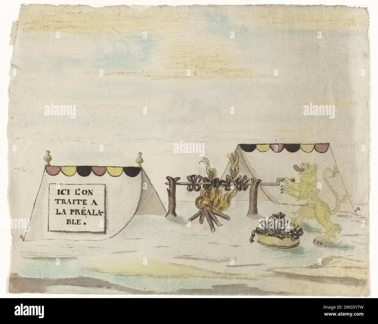 Hier verhandeln die Leute über die Bedingungen, Anonym, 1787 - 1791 den Brabanter Löwen ziehen, der Kokardes auf einer Spucke über einem Feuer brät. Zwei Zelte links und rechts. Teil einer großen Sammlung von Druckgrafiken, die sich auf die Ereignisse der Brabanter Revolution und die Zeit von 1787 bis 1790 beziehen. Südholland Papier Schreiben (Prozesse) Spit  Kochen - CC - im Freien Brabant Stockfoto