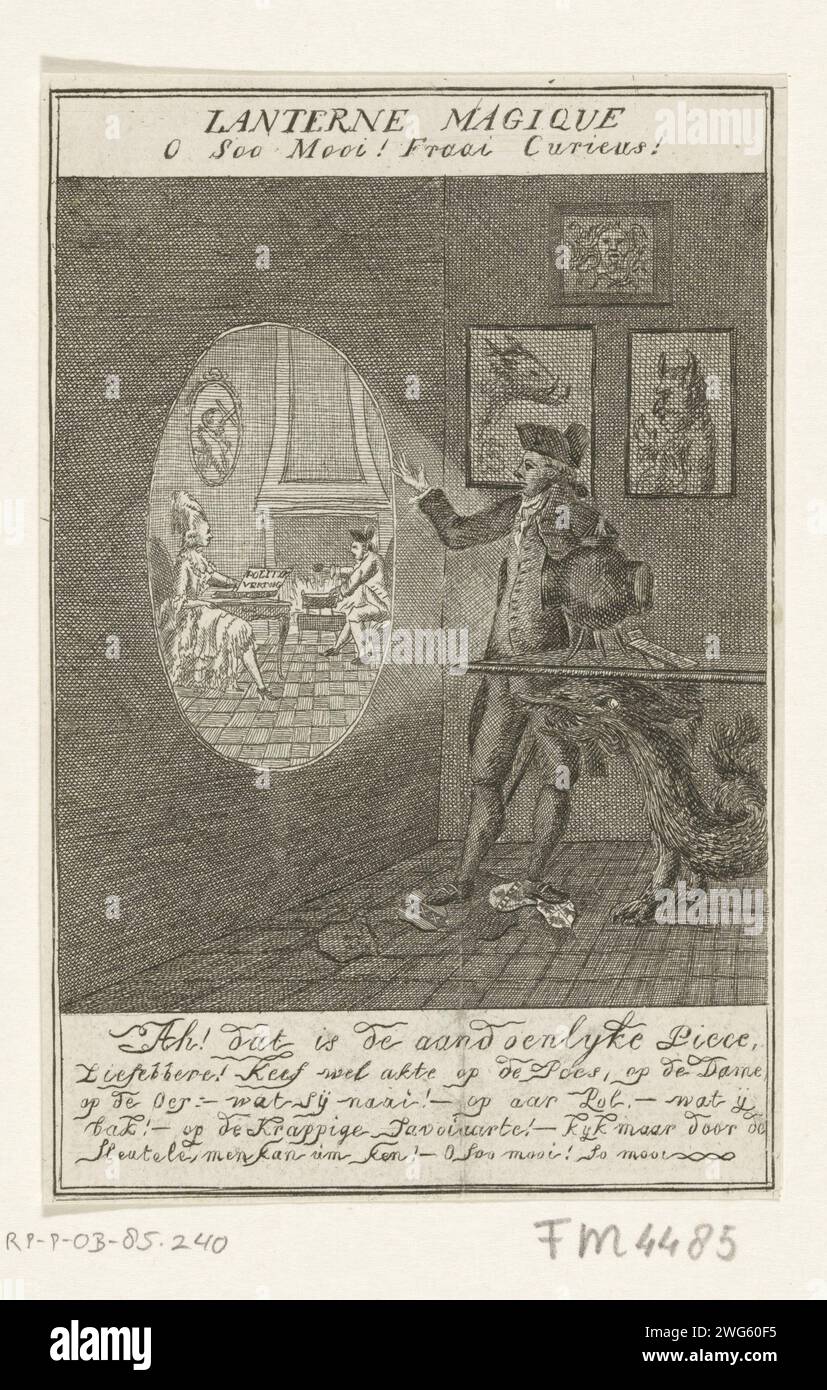 Cartoon über R. M. van Goens, CA. 1782-1784, Anonym, 1782 - 1784 Print Cartoon auf Rijklof Michael van Goens, CA. 1782-1784. Ein Savoyaard zeigt eine Darstellung von R.M mit einer magischen Laterne. Van Goens, der Ölkuchen am Kamin backt, mit ihm, mit einem aufgehängten Rock, seiner vermeintlichen Geliebten Miss Ten Bosch mit dem Pamphlet Political Discourse. Der Savoyaard versucht die Waffen Amsterdams und den Prinzen unter seinen Füßen. Mit fünfzeiliger Beschriftung in Koeterwalls. Nordholländische Papierätzung / Gravur Leistung in Zelten (Vergnügungsmesse). Kinematographische Apparate Stockfoto