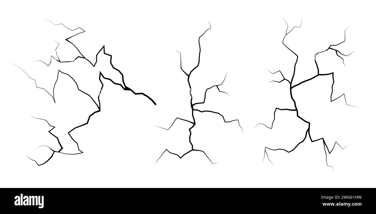 Risssatz. Sammlung verschiedener schwarzer Blitzschläge. Erdungsriss. Gewitter und Blitz einstellen. Vektor-Illustration natürlicher Phänomene auf Stock Vektor