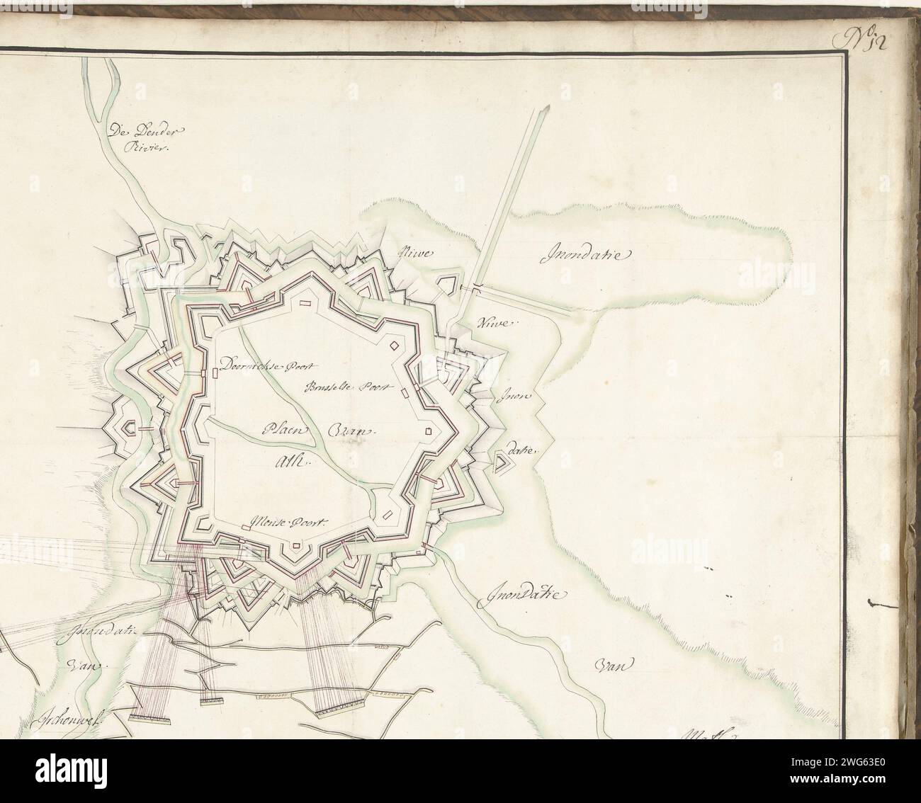 Belagerung von ATH, 1706, 1706 Zeichnung der Karte der Verstärkungen der Stadt Ath, belagert und eingenommen von den Alliierten, 2. Oktober 1706. Teil einer Sammlung unterschriebener Pläne von verstärkten Orten in den Niederlanden und den umliegenden Ländern zur Zeit des Spanischen Erbfolgekrieges (Teil D). Niederlande Papierkarten von Städten. Festung Ath Stockfoto