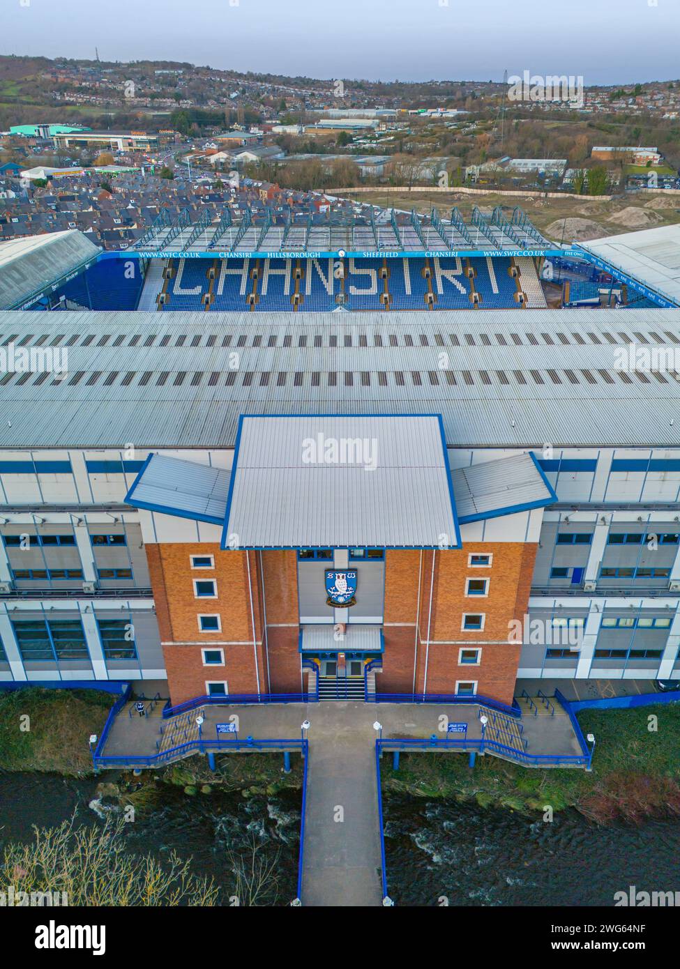 Sheffield, Yorkshire. Vereinigtes Königreich. Sheffield Wednesday Football Club, Hillsborough Stadium. Luftbild. Januar 2024. Stockfoto