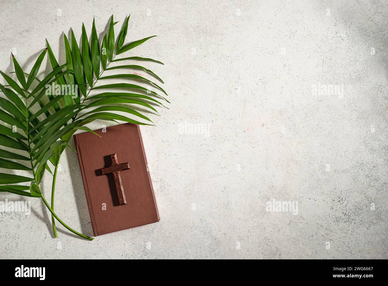 Palmensonntag. christliches Holzkreuz, heiliges Bibelbuch und Palmblätter, Blick von oben, Kopierraum. palmensonntag-Konzept. Stockfoto