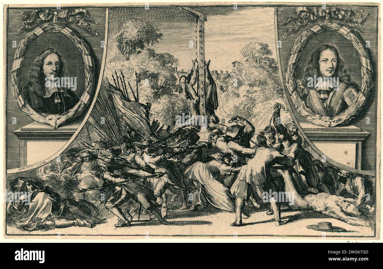 The Mord an den Brüdern de Witt und Two Portraits, 1672, Anonymous, 1672 Printporträts von Johan und Cornelis de Witt über einer kombinierten Darstellung des Mordes, Dragging the Leichen to the Wippe and the Verstümmelung of the Leichnam, 20. August 1672. Nordholländische Papierätzung / Gravur Versuch, politischer Mord. Gewalttätiger Tod, getötet werden, misshandelt und misshandelt werden, Tod suchen (+ Tod durch Lynchen). Lynchen. Verstümmelung der Leiche in den Haag Stockfoto
