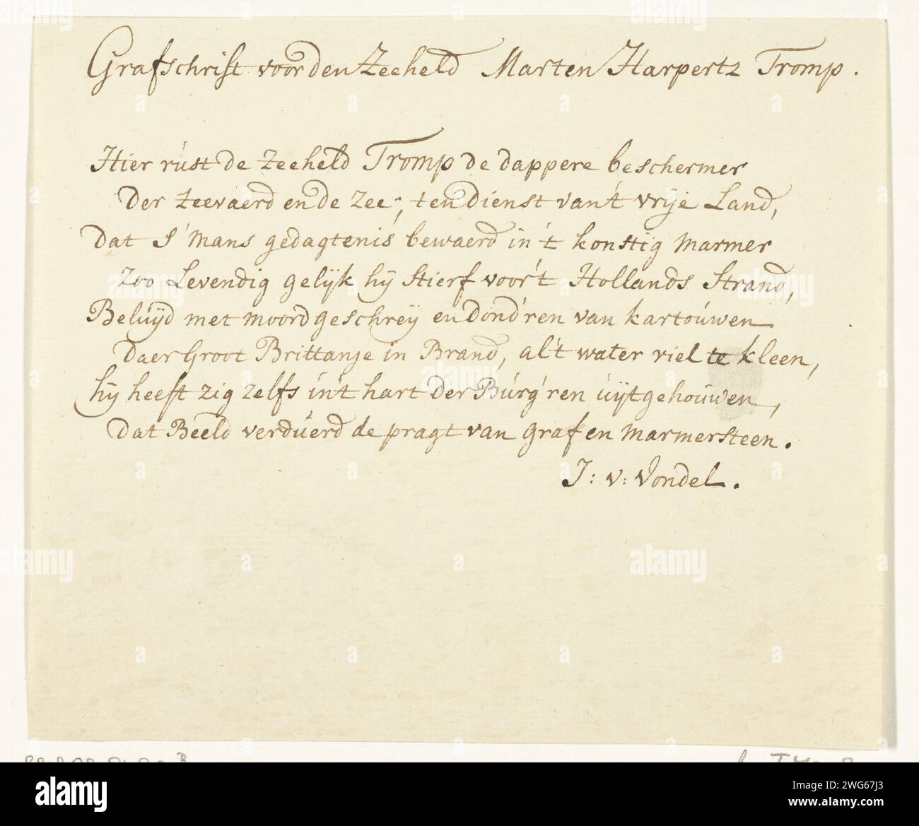 SCHRIP für Maarten Tromp, getötet in der Seeschlacht bei Terheide, 1653, 1850 – 1863 Handschrift Kopie des Vondels Begräbnis auf dem pralen Grab von 1656 von Maarten Tromp (getötet in der Seeschlacht bei Terheide am 10. August 1653) in der Oude Kerk in Delft. Niederlande Papier Schreiben (Prozesse) Schlacht bei Scheveningen Alte Kirche Stockfoto