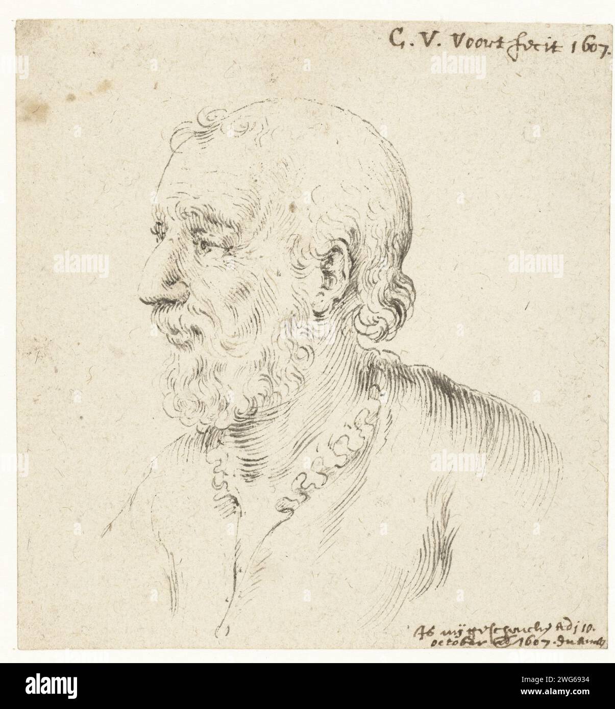 Kopf eines Mannes mit Bart, im Profil links, Cornelis van der Voort, Zeichenpapier 1607. Tintenstift historische Personen, die nicht namentlich bekannt sind. Kopf (Mensch) Stockfoto