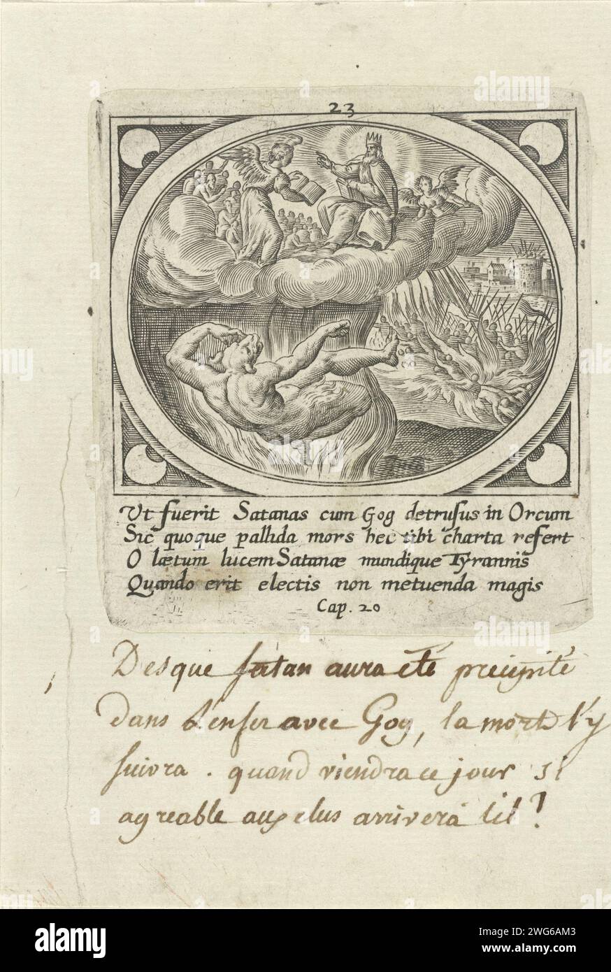 Das letzte Gericht und der Teufel, der in den Feuerpool geworfen wurde, Adriaen Collaert (zugeschrieben), nach Jan Snellinck (I), 1585 Druck Himmel mit Gott Vater, auf dem Thron sitzend, umgeben von Toten. Ihm gegenüber steht ein Engel mit offenem Buch. Im Hintergrund wird jeder, der nicht im Buch des Lebens zu sein scheint, in den Vuurpoel (den zweiten Tod) geworfen. Der Teufel, nach tausend Jahren wieder befreit, wird in den Pool aus Feuer und Schwefel geworfen. Am Rand eine vierzeilige Unterschrift in lateinischer Sprache. Zweiundzwanzig Drucke aus einer Serie von vierundzwanzig mit der Offenbarung von Johannes auf Patmos. Antwerpen Pape Stockfoto