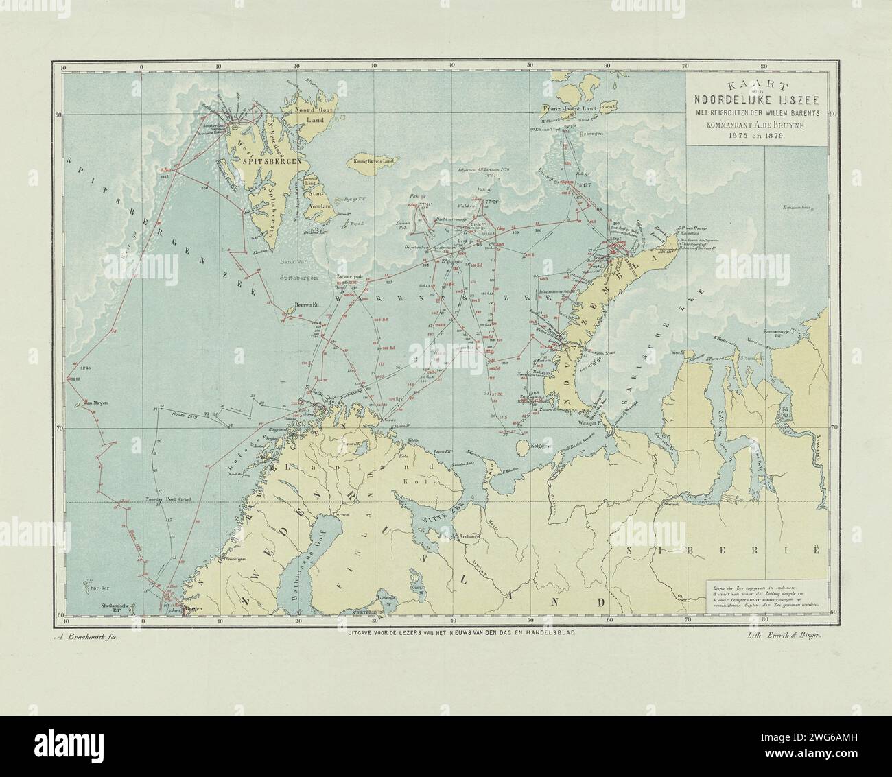 Karte des Nördlichen Eismeers mit den Routen des Kommandanten A. de Bruyne von Willem Barents 1878 und 1879, 1879 Drucken Karte des Nördlichen Eismeers, auf dem die Routen vom Schiff de Willem Barents unter dem Kommando von Leutnant-Ter-Zee A. de Bruyne während seiner Polarexpeditionen auf der Insel Nova Zembla vom 18. Mai bis 1. Oktober 1878 und 9. Juni bis 24. September 1879 angezeigt wurden. Als Anhang der Zeitung Nieuws van den Dag und Handelsblad. In den Niederlanden gedruckte Karten von verschiedenen Ländern oder Regionen. Meereskarten Nördliches Eismeer. Spitzbergen. Nova Zembla Stockfoto