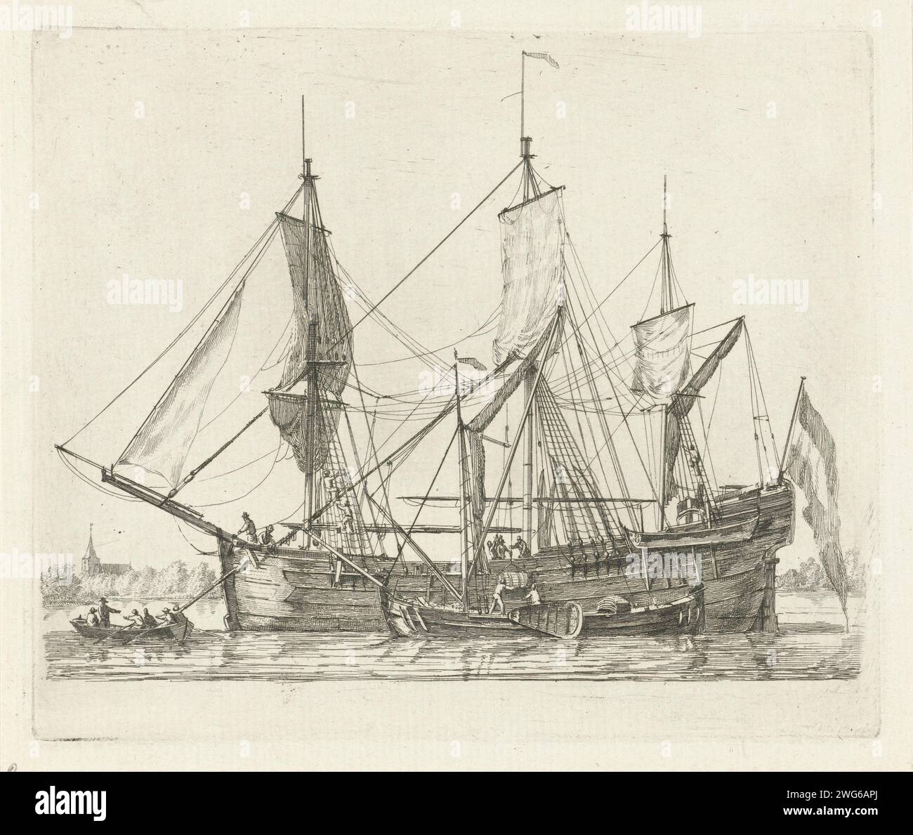 Die Entladung eines Dreimastes, Gerrit Groenewegen, 1789 drucken die Entladung eines Dreimastes. Neben dem Schiff ein Segelschiff, auf dem eine Tonne beladen ist, zusätzlich ein Ruderboot mit sechs Personen. Dieser Druck ist Teil einer Serie von zwölf Drucken mit verschiedenen Segelschiffen. Rotterdam Papierätzschiffe (allgemein) Stockfoto