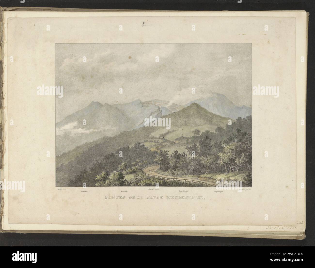 Gede, Vulkan auf West Java, 1821 Druck Ger Binting und Pangaranghu sind Namen von Wissenschaftlern, möglicherweise Botanik. Seite 1, Einzeldruck, von einem Album mit 14 Zeichnungen. Papiervulkan groß Stockfoto