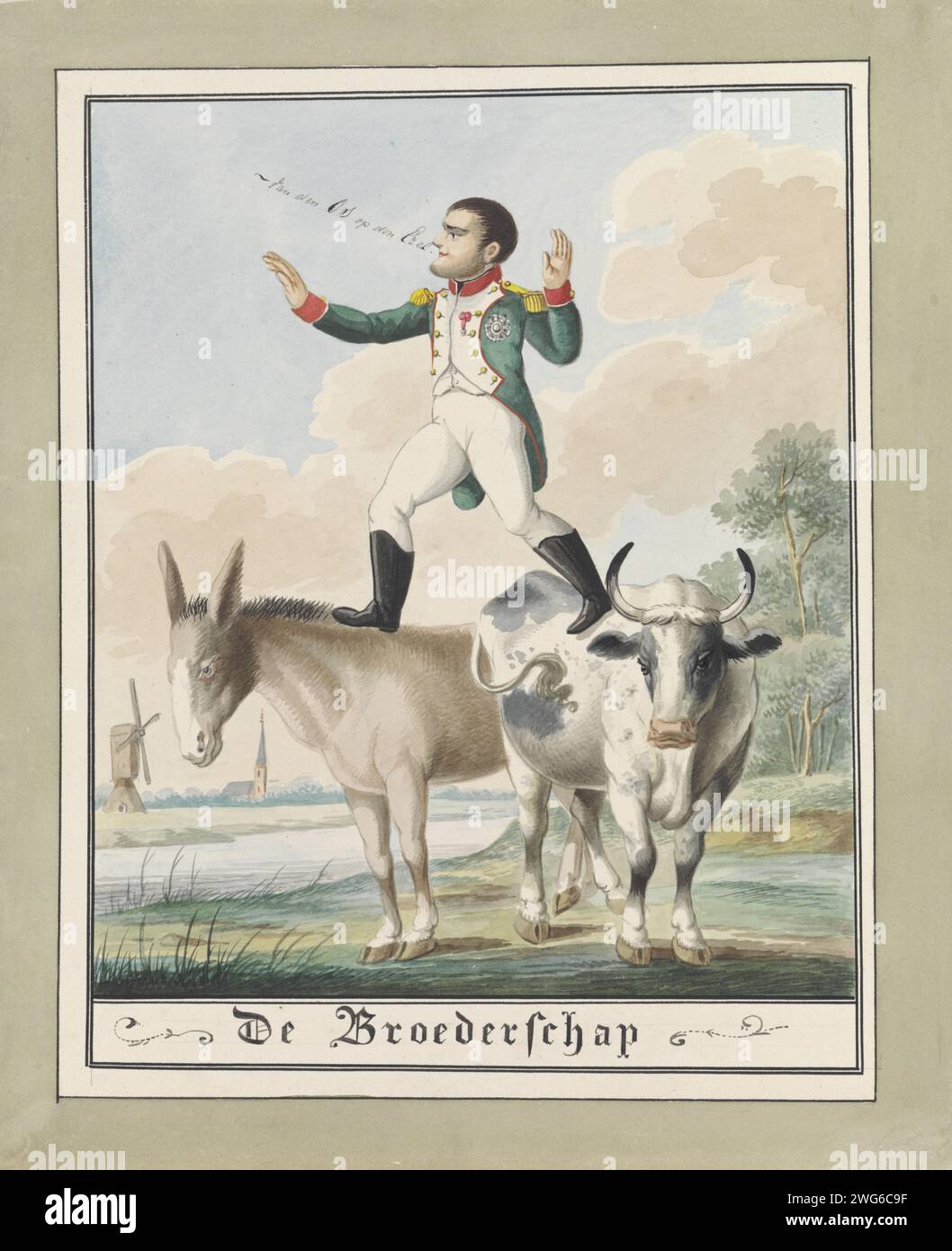 Napoleon tritt vom os auf dem Esel ab, 1815, Wijnand Esser, 1815 Napoleon zeichnen, mit einem Bein auf einem Esel, das andere auf einem Ochsen. In Napoleon die Inschrift „Van den OS auf dem Esel“. Eine niederländische Landschaft im Hintergrund. Cartoon über den Fall Napoleons nach der Niederlage bei Waterloo am 18. Juni 1815. Niederlande Papierstift / Bürste Rinder. Maultier Stockfoto