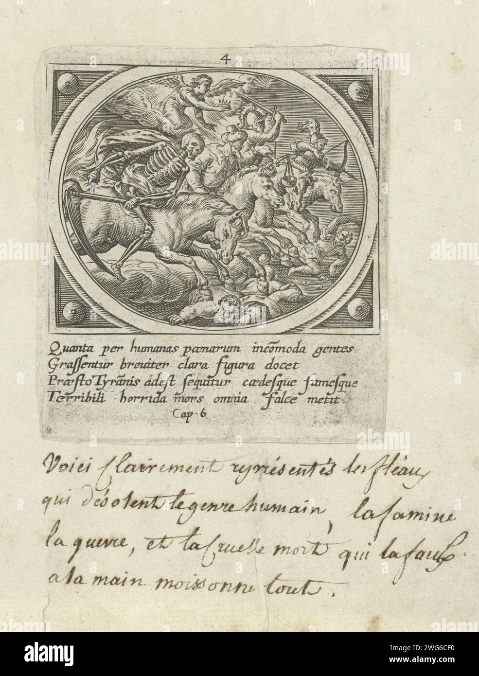 Die vier apokalyptischen Reiter, Adriaen Collaert (zugeschrieben), nach Jan Snellinck (I), 1585, die die ersten vier Briefmarken öffnen: Die vier apokalyptischen Reiter, 'Victorie', 'Krieg', 'Hunger' und 'Tod' trampeln die Menschheit. Über ihnen ein Engel mit einer Krone. Am Rand eine vierzeilige Unterschrift in lateinischer Sprache. Vierter Druck aus einer Serie von 24 mit der Offenbarung Johannes auf Patmos. Antwerpener Papier mit Gravur der vier Reiter der Apokalypse Stockfoto