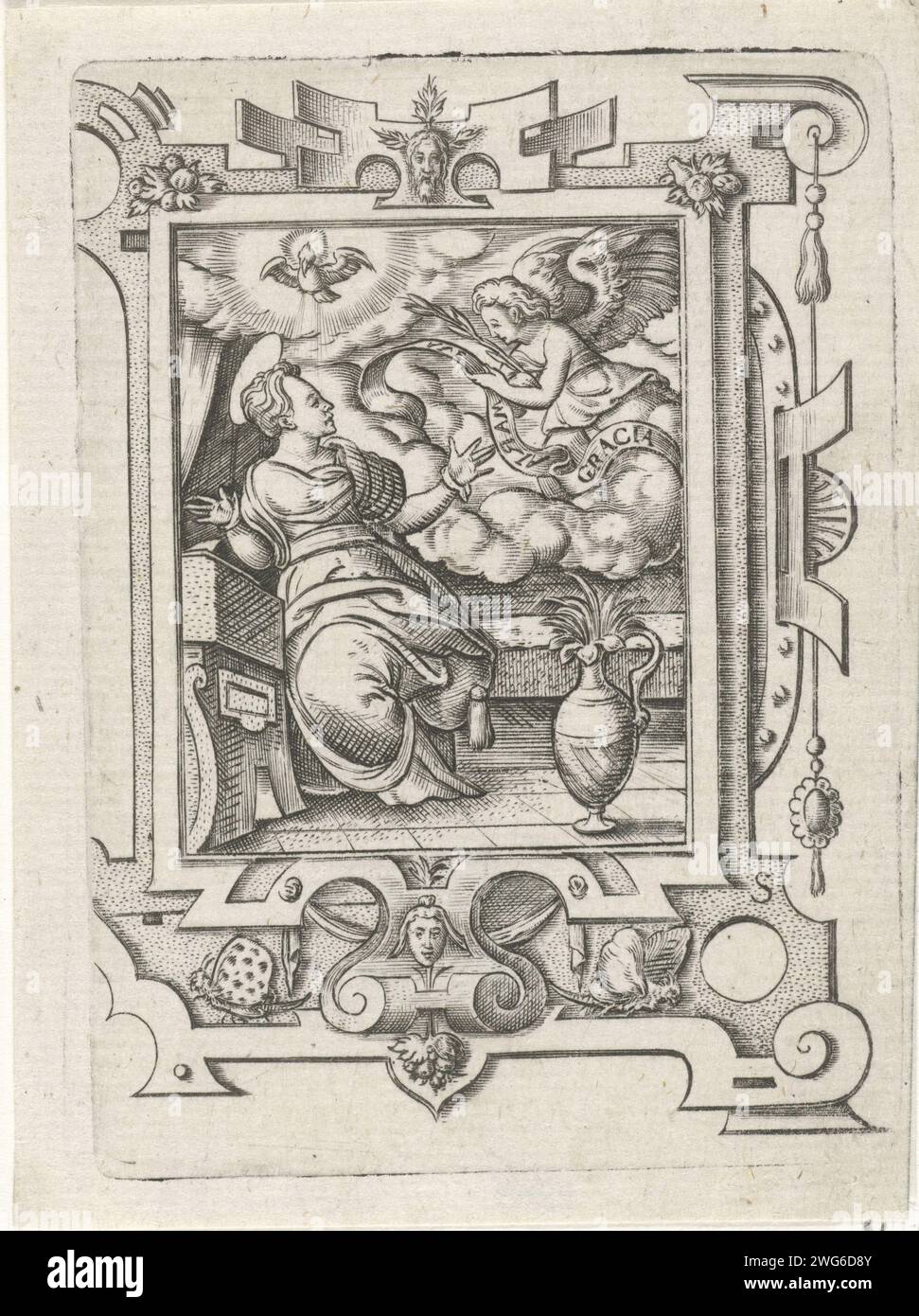 Annunciatie, Virgil, 1524 - 1562 Druckpapier mit dem Gravur der Verkündigung: Maria, die normalerweise liest, wird vom Engel besucht (manchmal hört eine Frau das Gespräch) Stockfoto