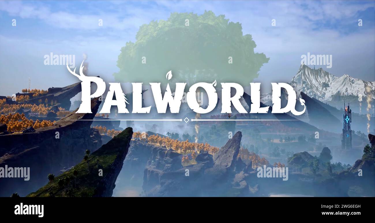 Bild des Palworld Game Trailers. Ein Survival-Crafting-Spiel, Action-Abenteuer und Monster-Taming-Spiel. Stockfoto