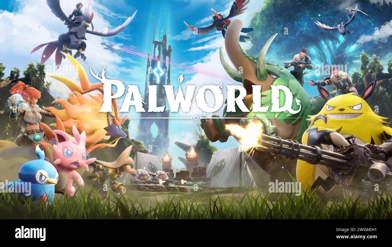 Bild des Palworld Game Trailers. Ein Survival-Crafting-Spiel, Action-Abenteuer und Monster-Taming-Spiel. Stockfoto