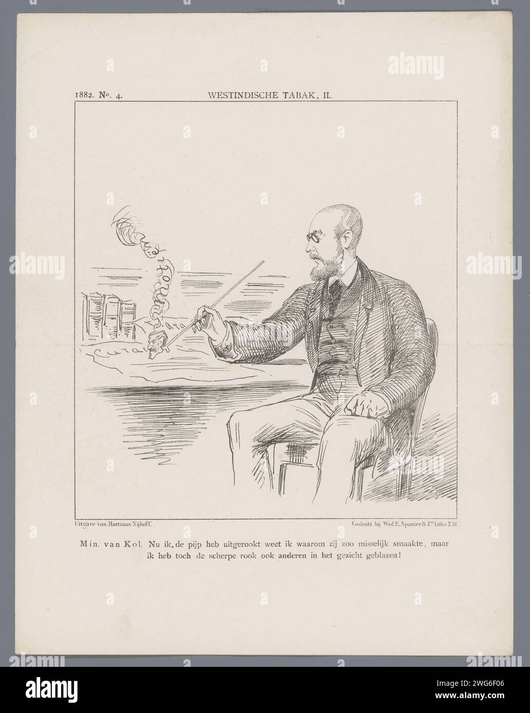 Politischer Zeichentrick über Westindien, 1882, 1882 gedruckter politischer Zeichentrick, in dem der Kolonieminister eine Pfeife mit westindischem Tabak raucht. Plaat trat beim Weekblad de Nederlandsche Spectator auf, nein 4, 1882. Druckerei: Netherlandsprinter: Netherlandspublisher: Das Haager Papier Curacao. Niederländische Antillen Stockfoto
