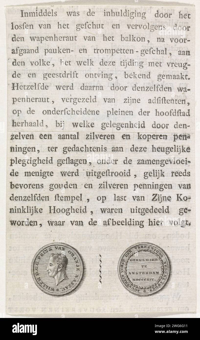 Sprenkelmedaille bei der Einweihung von Willem Frederik, Prinz von Orange als Souverein Vorst, 1814, Anonym, nach Hendrik Lageman, 1814 drucken die Streumedaille anlässlich der Einweihung von Willem Frederik, Prinz von Orange als Souverein Vorst, 30. März 1814. Nehmen Sie aus einem Buch mit Text auf beiden Seiten. Niederländische Papier-Ätz-/Gravur-/Buchdruckmedaille (gilt als Skulptur, unabhängig von seiner spezifischen Funktion) Leeuw van Waterloo Stockfoto