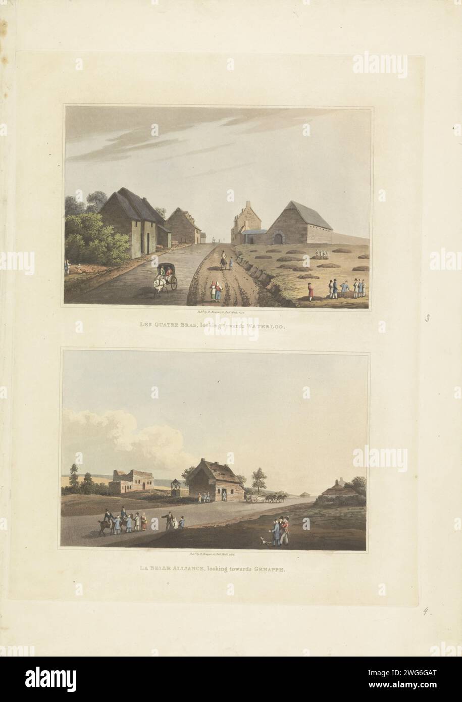 Die Quatre-BHs in der schönen Allianz, Anonym, 1816 drucken Blatt mit zwei Bildern. Oberhalb des Dorfes Quatre-Bras, graben rechts von der Straße im Feld. Unter La Belle Alliance. Nach der Schlacht von Waterloo am 18. Juni 1815. Druckerei: Englandpublisher: Londoner Papier verwüstet, ruiniert Ort oder Stadt ( Kriegsführung). Grab, Grab und andere Grabformen und Grabmarkierungen Waterloo. Quatre-Bhs. Die schöne Allianz Stockfoto